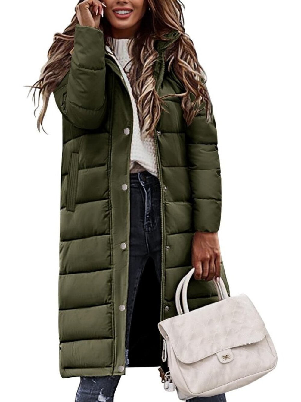Women's Green Winter Long Puffer Coat Quilted Warm Jacket with Side Zippers